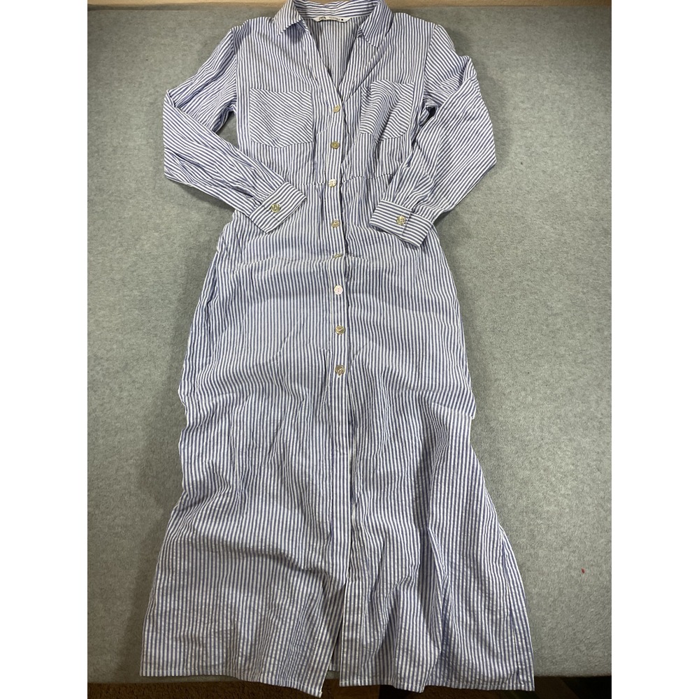 Zara Blue White Striped Button Down Maxi Shirt Dress Long Sleeve Small 2837